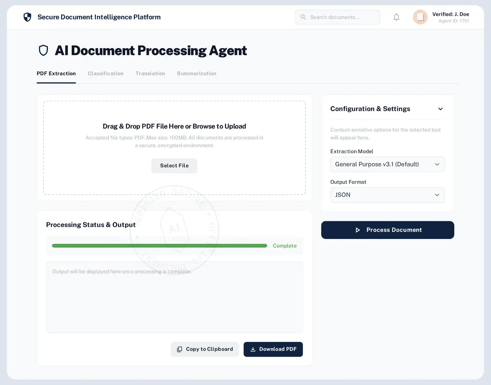 Government document processing dashboard with extraction results