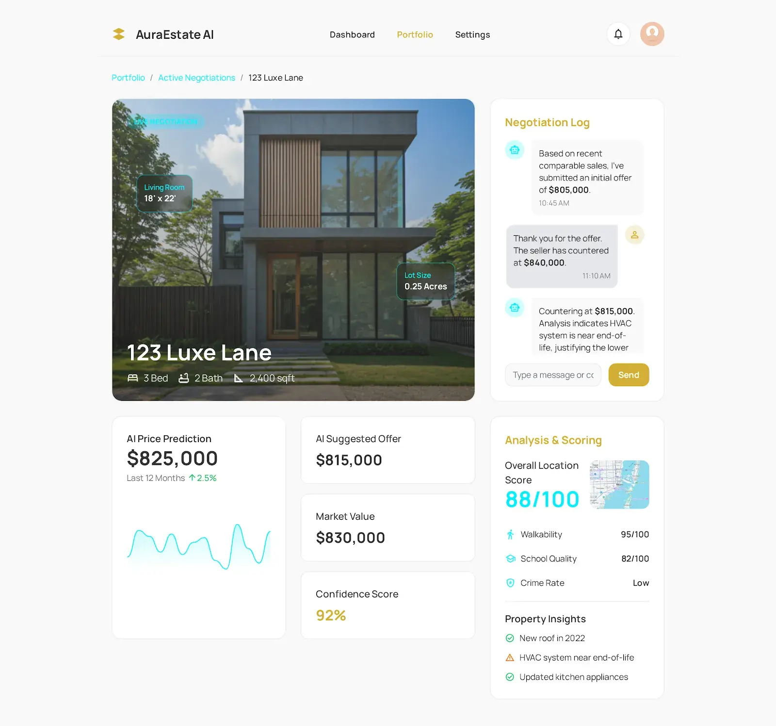 AI real estate copilot interface showing property listings and insights