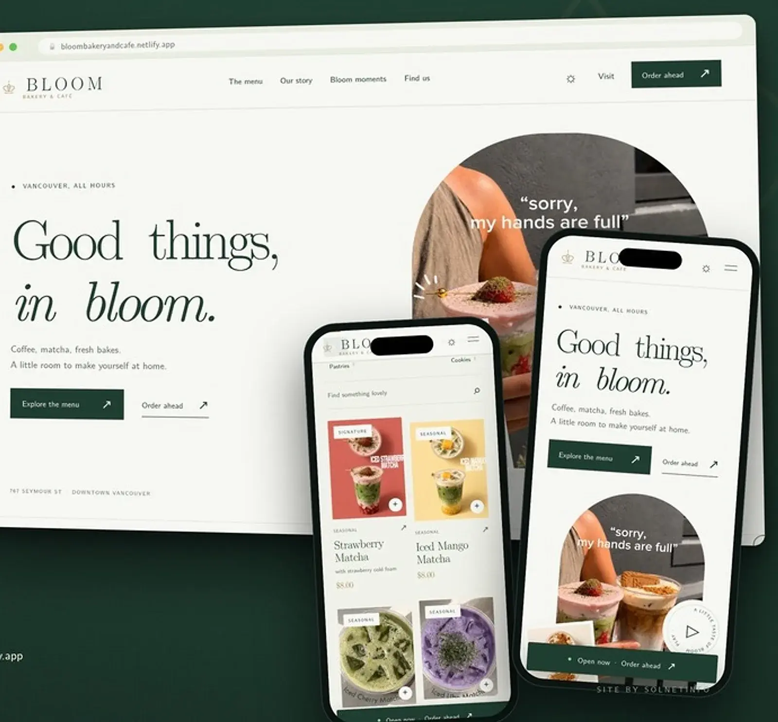 Café website shown on desktop and two phones