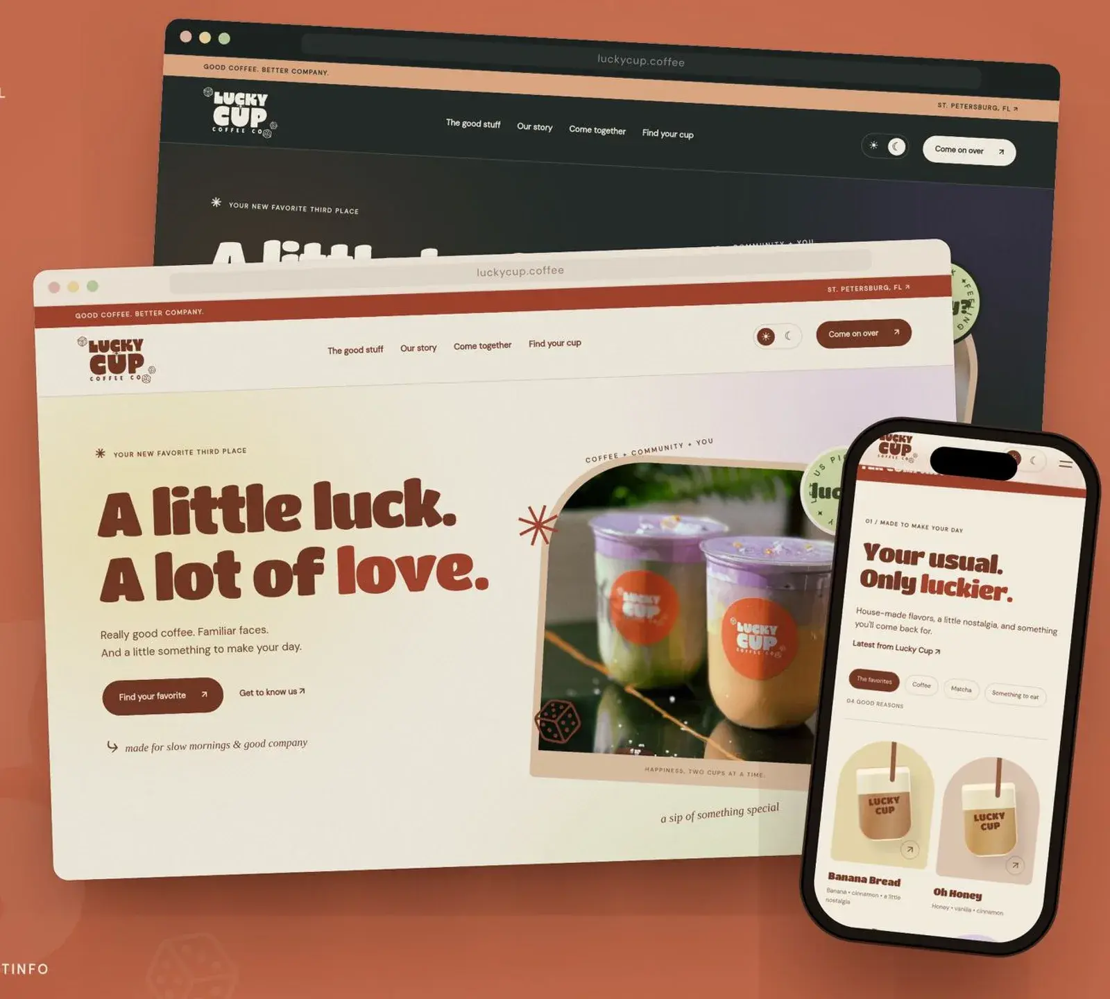 Coffee brand website concept shown in light and dark on desktop and phone