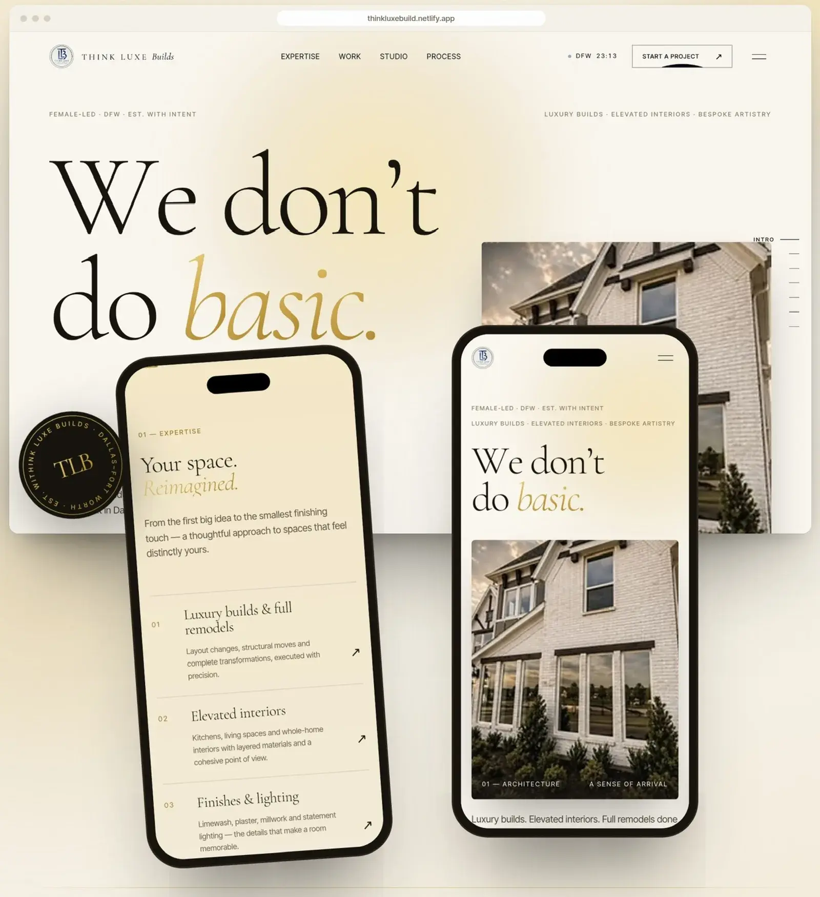 Luxury builder website shown on desktop and two phones