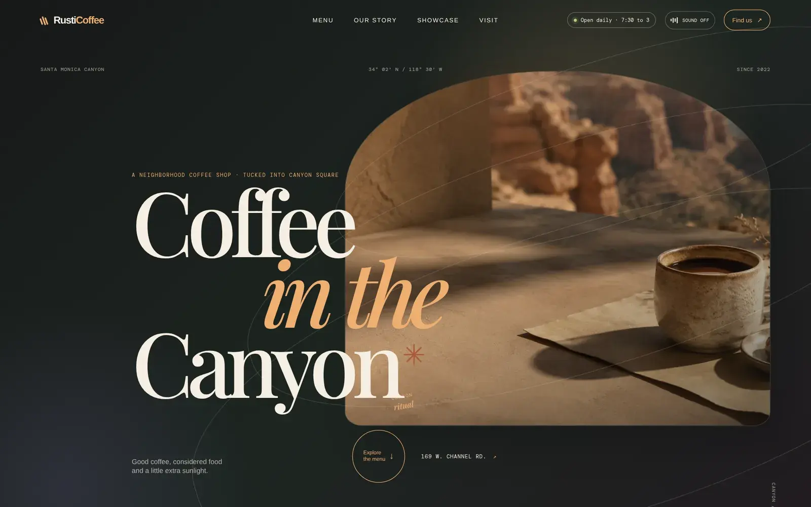 Coffee house website hero with a cup in warm light