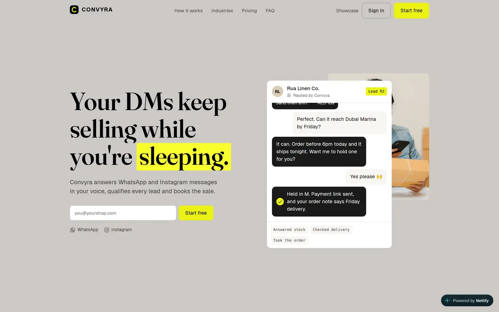 Convyra AI sales agent landing page with a live WhatsApp chat preview
