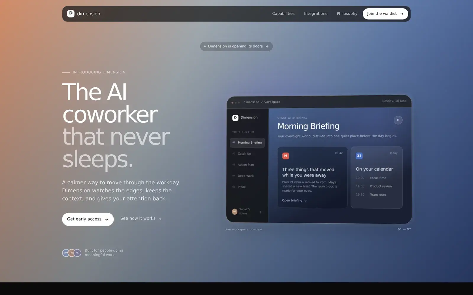 Dimension AI workspace with a morning briefing panel