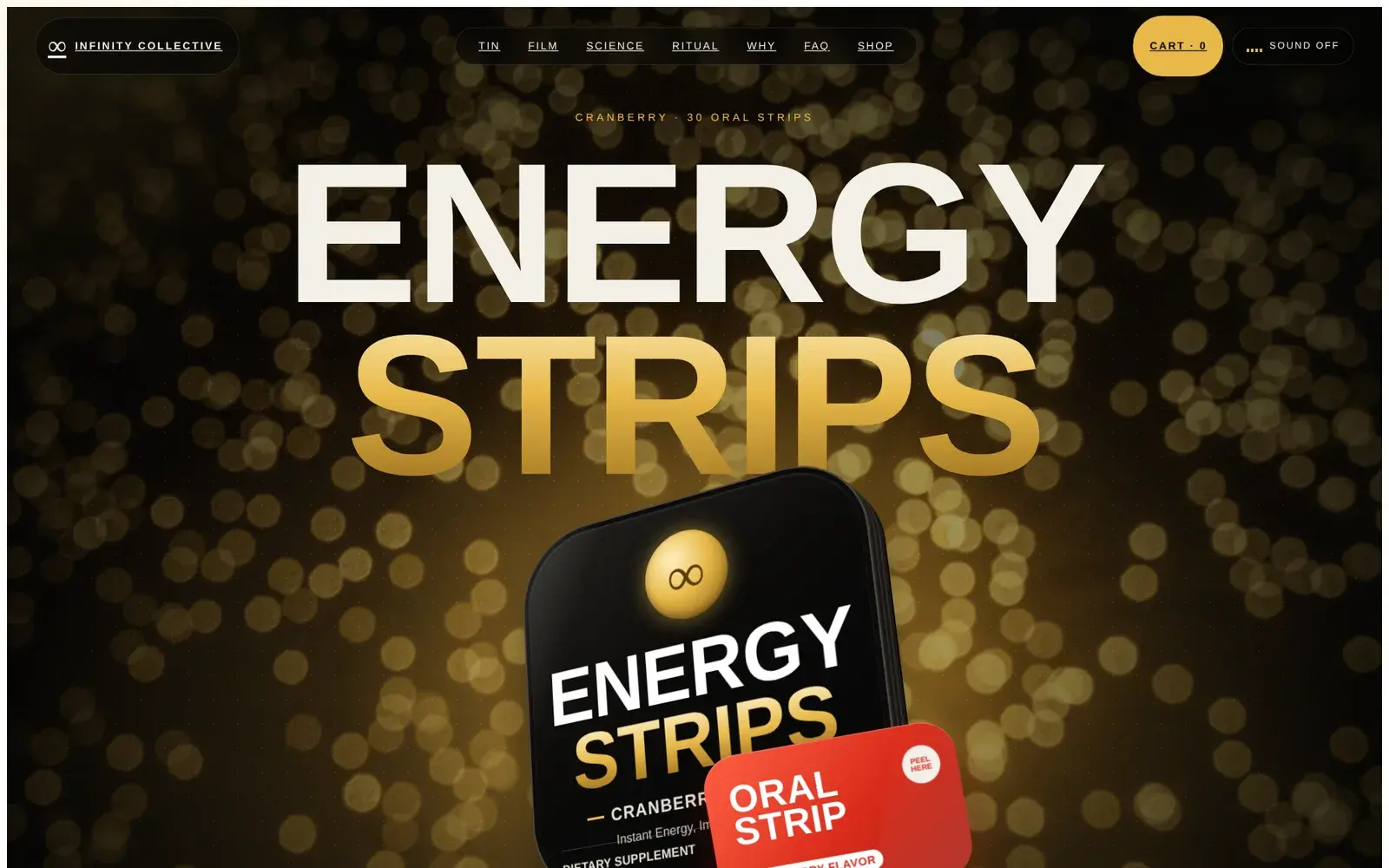 Energy Strips product hero with gold bokeh