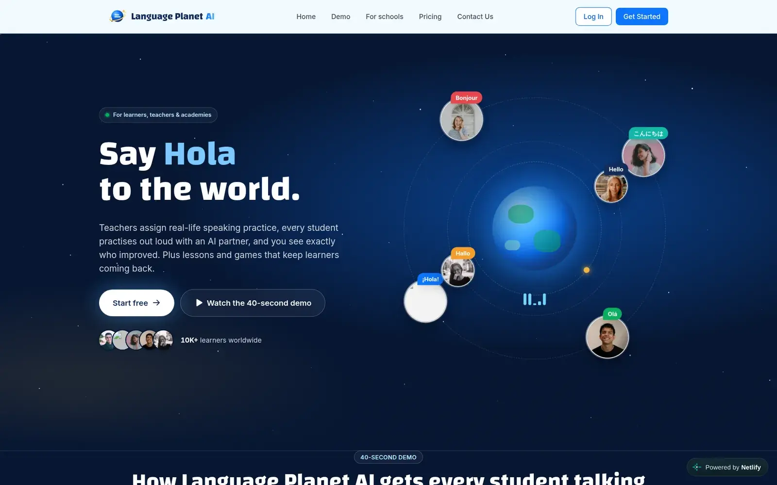 Language Planet AI landing page with a globe of learners