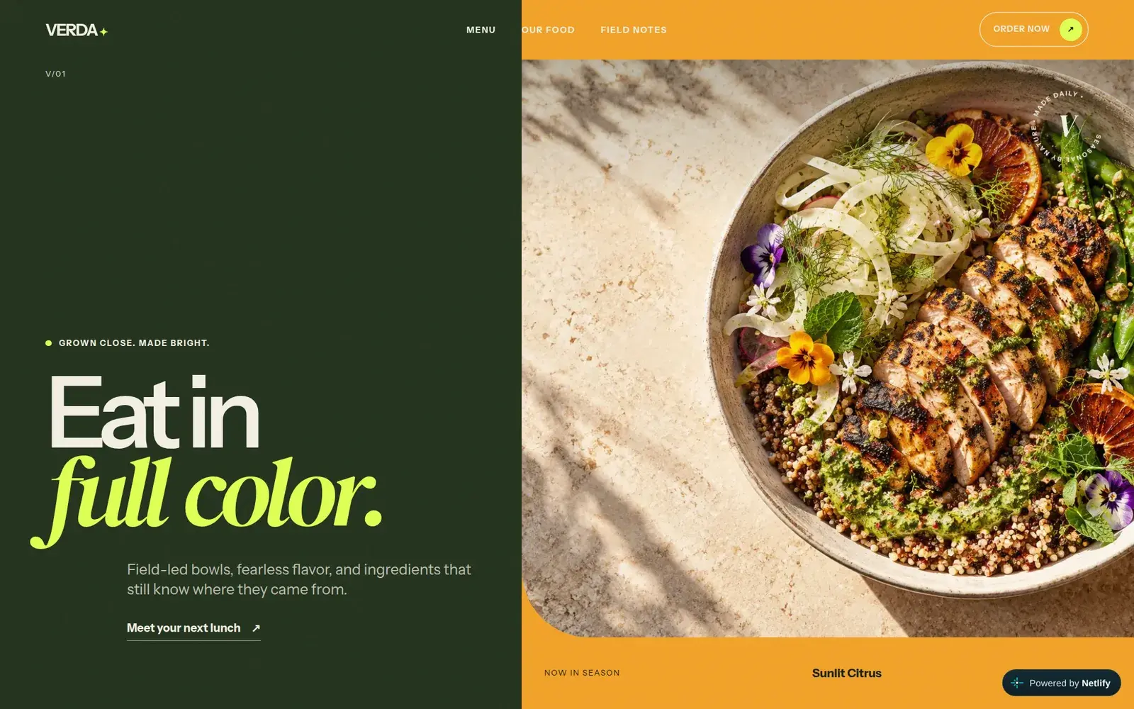 VERDA food brand landing page with a seasonal bowl