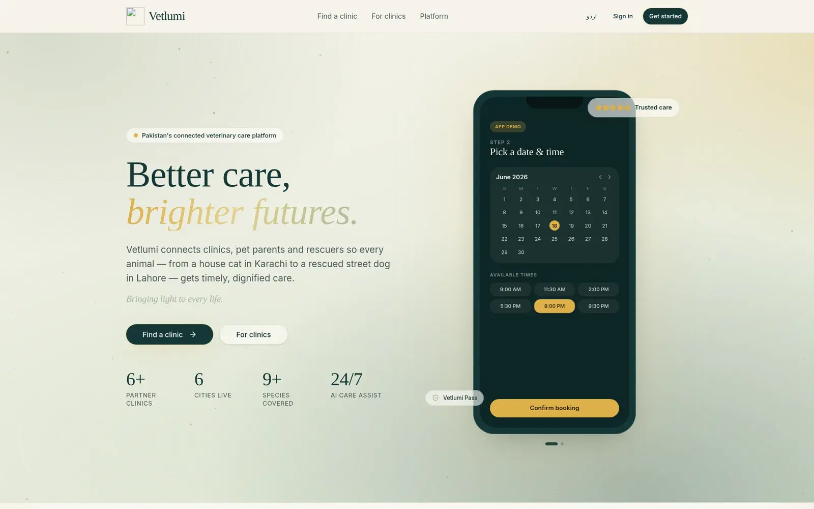 Vetlumi veterinary care platform with a booking app on a phone